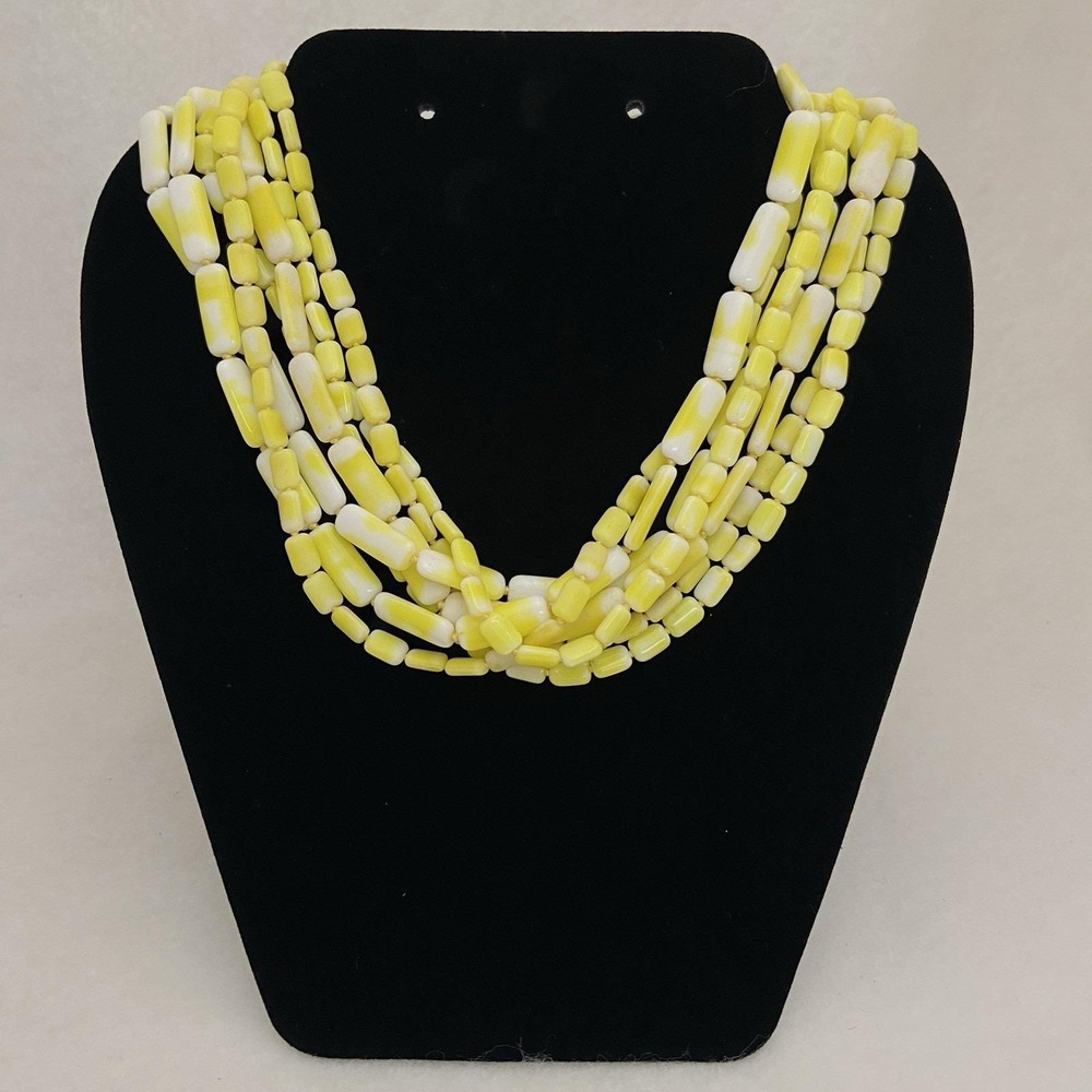Vintage Necklace Yellow White Acrylic Beads Multi-Strand Statement Marble Motif